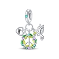 Dettaglio charm in argento con cuore love, segno di pace e colomba con pietre verdi - Ciondolo Colomba Della Pace (PAC1336)
