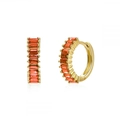 Close-up of golden C-shaped hoop earrings with baguette-cut orange gemstones and secure clasp - Gold Orange Red Zirconia