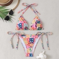 Women's two-piece bikini set with tropical fruit print and side tie bottoms - S / Multicolor Patchwork