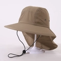 Detail of khaki sun hat featuring a wide brim, long neck flap and adjustable wind cord - One Size (52cm) / Dark Camel
