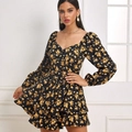 Vestido corto floral negro y amarillo con mangas abullonadas y dobladillo volantes - XS / Negro