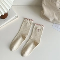 Beige cotton crew socks with colorful dots, pink ruffle trim, and bow embroidery - Pink