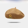 Brown wool beret with exquisite sunflower embroidery in a vintage British style - Camel