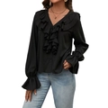 Elegante blusa negra de manga larga con escote en V profundo y detalles de volantes - S / Negro