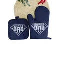 Thick navy blue kitchen oven glove and pot holder set with Super Dad print pattern - Dark Blue/Super Dad