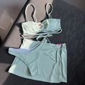 Three-piece mint green ribbed bikini set with pink heart buckle and matching mini skirt - Emerald Green