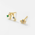 Minimalist Sagittarius 925 sterling silver earrings with colorful zircon and opal gemstones - 925 Silver / Aquarius (18K Gold)