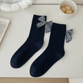 Classic navy blue cotton middle tube socks with vintage plaid bow knot detail - One Size / Navy Blue
