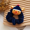 Cute dark blue velvet scrunchie featuring a yellow animal plush decoration for women - Navy Blue Elk with Hat