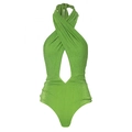 Sparkling green one-piece swimsuit with halter neck and cut-out front in glitter fabric - S / Green One-piece Swimsuit