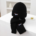 Detail of black knit winter hat and scarf set featuring cute dachshund dog embroidery - Black