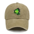 Close-up of alien embroidery and distressed fabric on a khaki vintage baseball cap - M (56-58cm) / Khaki