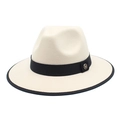 Beige wool fedora jazz hat with black trim and gold M buckle in a side profile view - M (56-58cm) / Beige