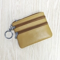 Ginger yellow leather coin purse with three zippers and a metal keychain ring - Apricot