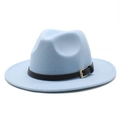 Elegant light blue wool fedora hat with black leather band and gold buckle detail - Sky Blue