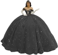 Elegant off-shoulder black and grey ball gown with shimmering sequins and floral lace - Black with Train