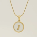 18K gold plated snake chain necklace with white shell pendant featuring initial letter J - Letter J