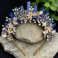 Detailed macro view of natural rose quartz crown headband with golden wire and floral accents - Lapis Lazuli Gold Wire Gold Headband Gold Rhinestone Flower