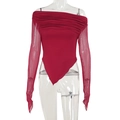 Detail of red off-shoulder top with sheer mesh sleeves and ruched chest design - XS / Burgundy