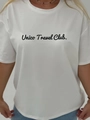 Μινιμαλιστικό λευκό βαμβακερό T-shirt με τύπωμα Unico Travel Club σε casual στυλ - S / Λευκό