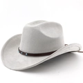 Detail of light gray suede cowboy hat featuring brown leather band and turquoise studs - Light Gray