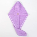 Detail of light purple coral fleece hair towel with a brown bear button fastener - Light Purple