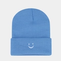 Detailed view of blue knitted beanie featuring a white embroidered smile on the ribbed cuff - Lake Blue