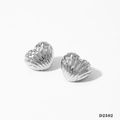 Silver stainless steel heart stud earrings with radiating textured seashell finish - Silver Ribbed Heart Earrings D2502