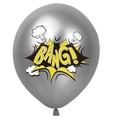 Silver metallic latex balloon with a yellow BANG graphic for superhero party decor - Silver