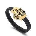 Pulsera de hombre con cabeza de león en cuero trenzado negro y cierre de metal dorado - 19cm / Dorado (KB150802-KFC)