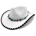 Cappello di feltro bianco con fascia di perline turchesi e bordo intrecciato di lato - M (56-58cm) / Bianco