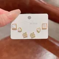 Set de tres pares de pendientes de plata S925 con tachuelas de corazón y diamante - Juego de Lustre de Perlas Cuadrado Corazón y Rombo (A794金)