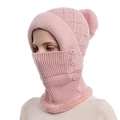 Set sciarpa e cappello invernale in maglia rosa con bordo in pelliccia e pompon - Rosa