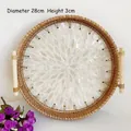 Handwoven round rattan tray with mother of pearl inlay and wooden handles, 28cm diameter - White Shell / Large 28x3cm