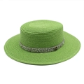 Detail of bright green straw sun hat with sparkling rhinestone band and metal M logo - M (56-58cm) / Grass Green
