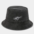 Detail of washed charcoal bucket hat featuring white hand gesture embroidery and metal eyelets - One Size / Black