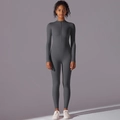 Slim fit long sleeve grey yoga bodysuit with front zipper closure for fitness - S / Dark Gray