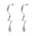Polished silver liquid metal earrings with abstract wavy curved teardrop design on white - Fluid Wave Style Silver (MS-422)