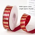 2.5cm red ribbon roll with golden diamond pattern for Christmas gift packaging - 2.5cm Width x 25 Yards / 2.5cm Burgundy Quad Rhombus