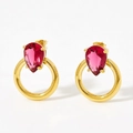 Elegant gold earrings featuring pear-cut red zircon stones and minimalist circular drops - Gold + Red Zircon (KDE757)