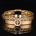3pcs gold stainless steel bracelet set with cross charm and Spanish Lord's Prayer engraving - Gold Set A