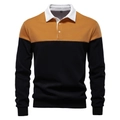 Detail of color-block polo sweatshirt featuring yellow, black, and white patchwork design - Khaki/Earth Yellow