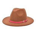 Close-up of brown wool fedora hat featuring a pink leather belt with gold metal buckle - M(56-58cm) / Khaki