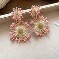 Handcrafted pink daisy flower tassel earrings with woven petals and golden accents - 76# Silver Earring Post - Deep Pink - Flower