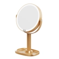 Golden round LED desktop makeup mirror with storage base and adjustable stand - Desktop Storage Style / 5X Magnification / Champagne