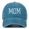Detail of MOM embroidery on washed denim blue baseball cap showing fabric texture - Adjustable / Lake Blue MOM
