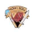 Épinglette de dé D20 en émail avec épée et bâton, texte 'How I Roll' pour fans RPG - Dés Rouge-How I Roll