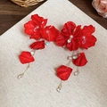 Elegant red fabric flower earrings with long tassels, white pearls and crystal beads - Red Fabric Petal Tassel (54# Silver Pin)