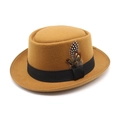 Close-up of wool felt flat top hat featuring black ribbon and spotted feather detail - Khaki