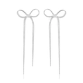 Silver bow knot drop earrings with tassel snake chains and elegant metal finish - Tassel Bow Silver